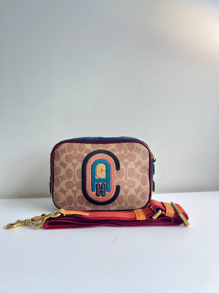 Authentic Coach Camera Bag in Signature Coated Canvas with Coach Patch Crossbody Bag
