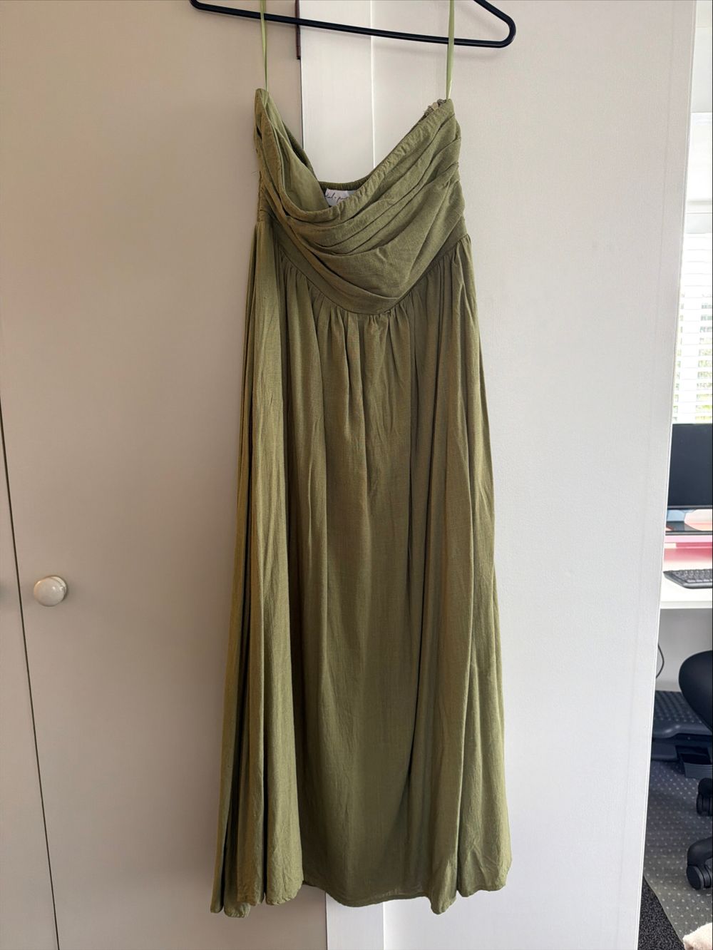Petal & Pup Olive Green Strapless Midi Dress
