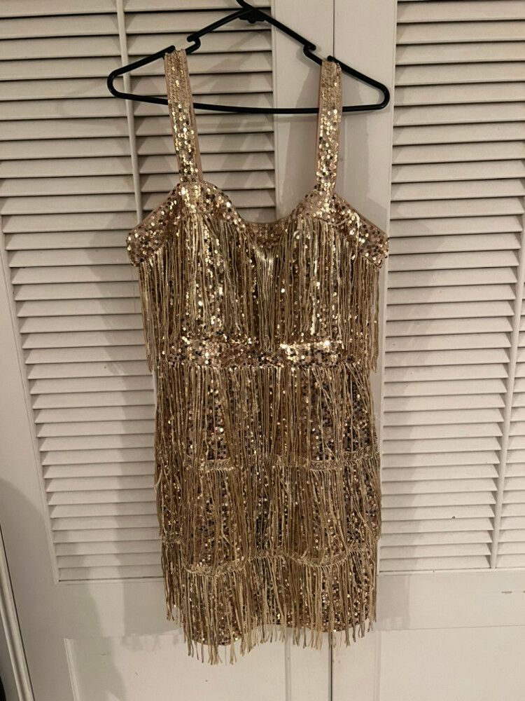 SHEIN - Shein Gold Fringe Sequin Dress on Designer Wardrobe SHEIN - Shein Gold Fringe Sequin Dress on Designer Wardrobe