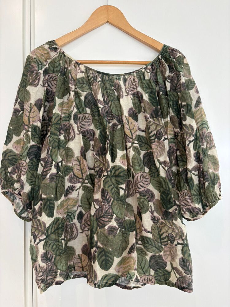 Mahsa Green Brown Leaf Print ballerina blouse