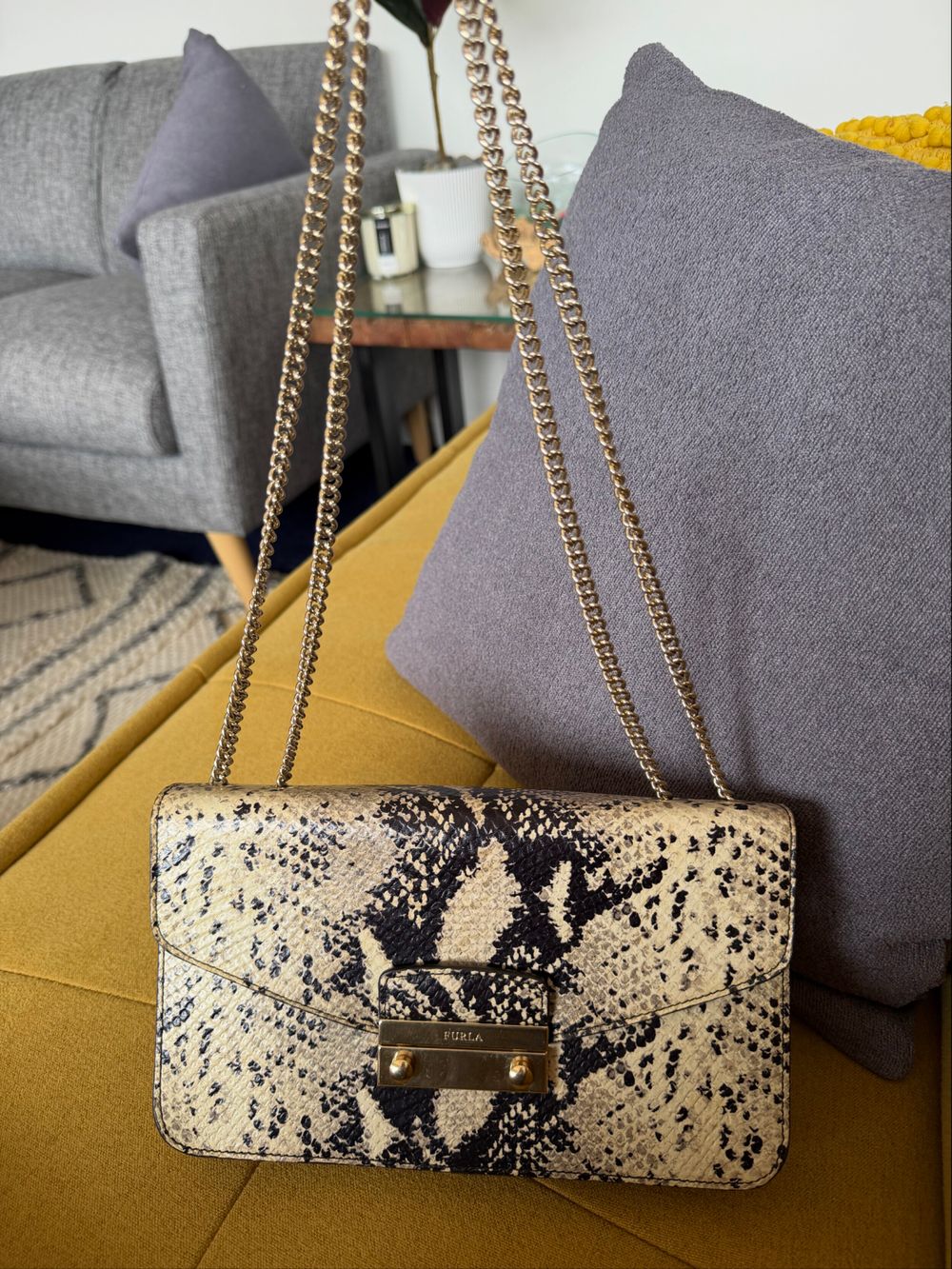 Furla Beige Snake Print Shoulder Bag