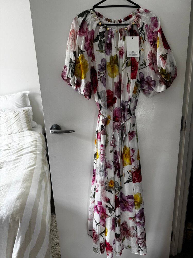 knee length dresses for ladies Fleur Pleated Gown-COLLAGE FLORAL / 4