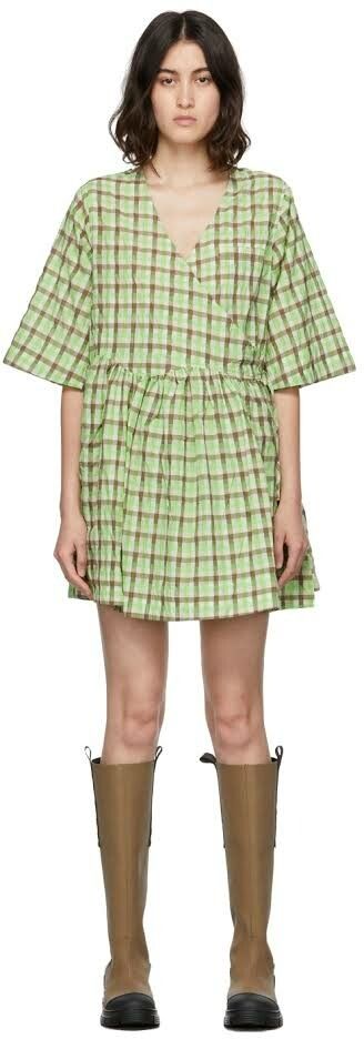 Ganni - Seersucker check Mini Dress / Green on Designer Wardrobe Ganni - Seersucker check Mini Dress / Green on Designer Wardrobe