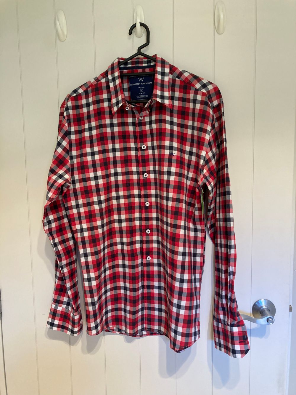 KRONDSTADT FUNKY SHIRTS - MENS L/SLEEVED SHIRT - RED/WHITE/NAVY CHECK - SIZE L