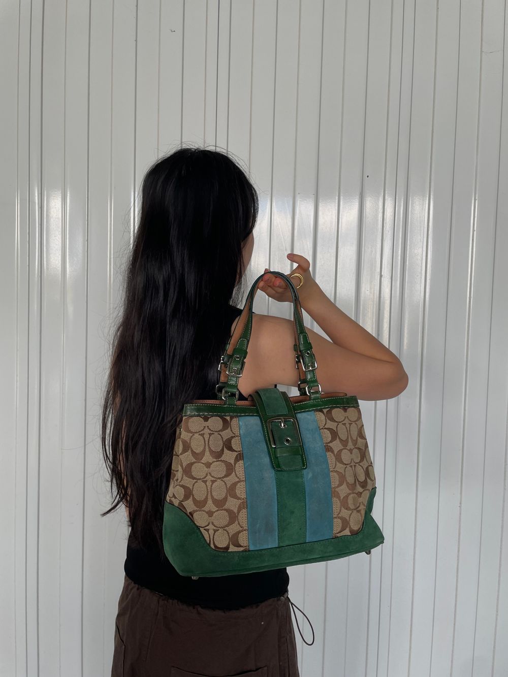 Coach - Coach Green Signature Monogram Logo Hamptons Suede Tote 