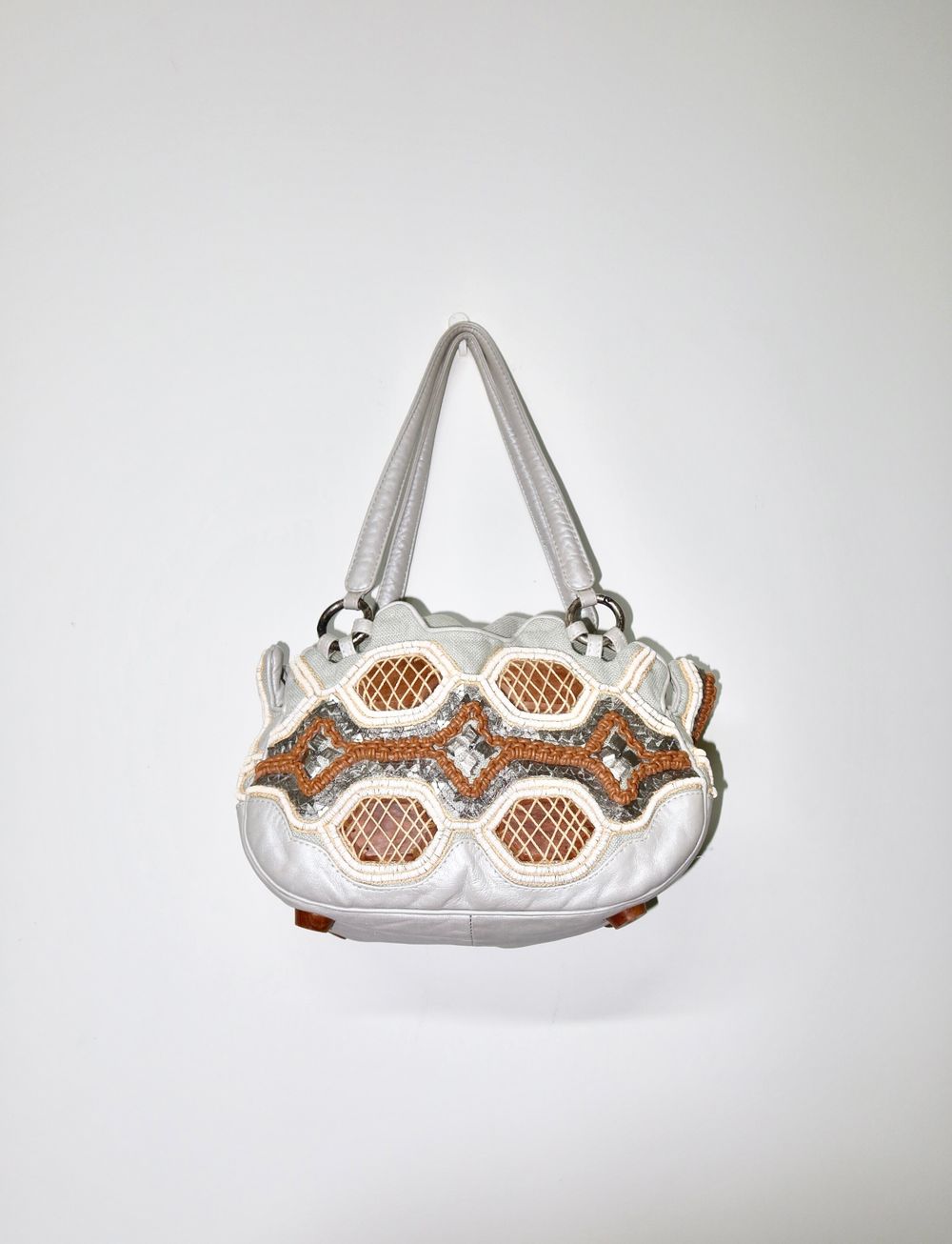 Vintage Jamin Puech Sky Blue Artisanal Collection Leather Beaded and Braided Shoulder Bag