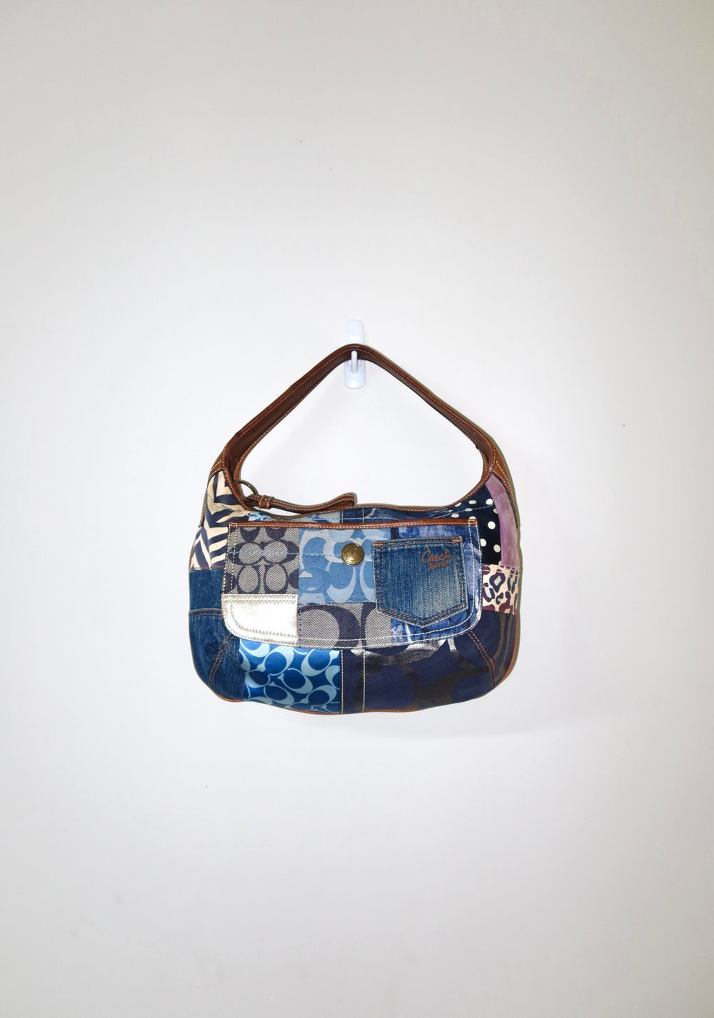 Vintage Y2K Rare 2007 Denim/ Brown Coach Signature Ergo Denim Leather Patchwork Hobo Shoulder Bag