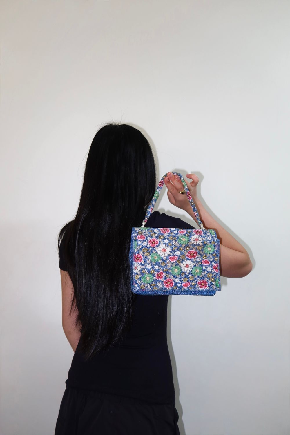 Vintage Blue Floral Beaded Embroidery Shoulder Bag