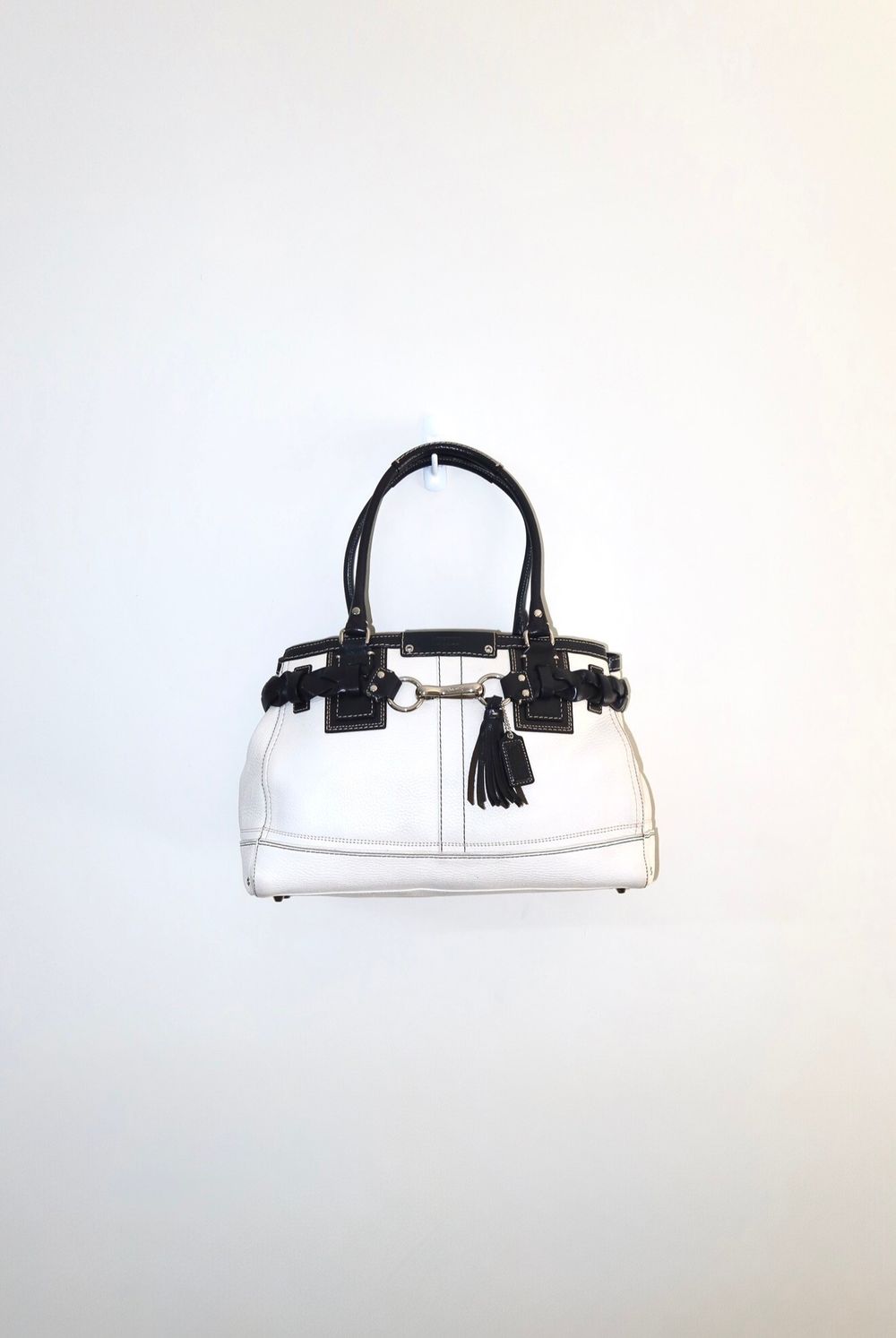 Vintage Y2K Black/ White 2009 Coach Hampton Carryall Pebbled Leather Satchel Bag
