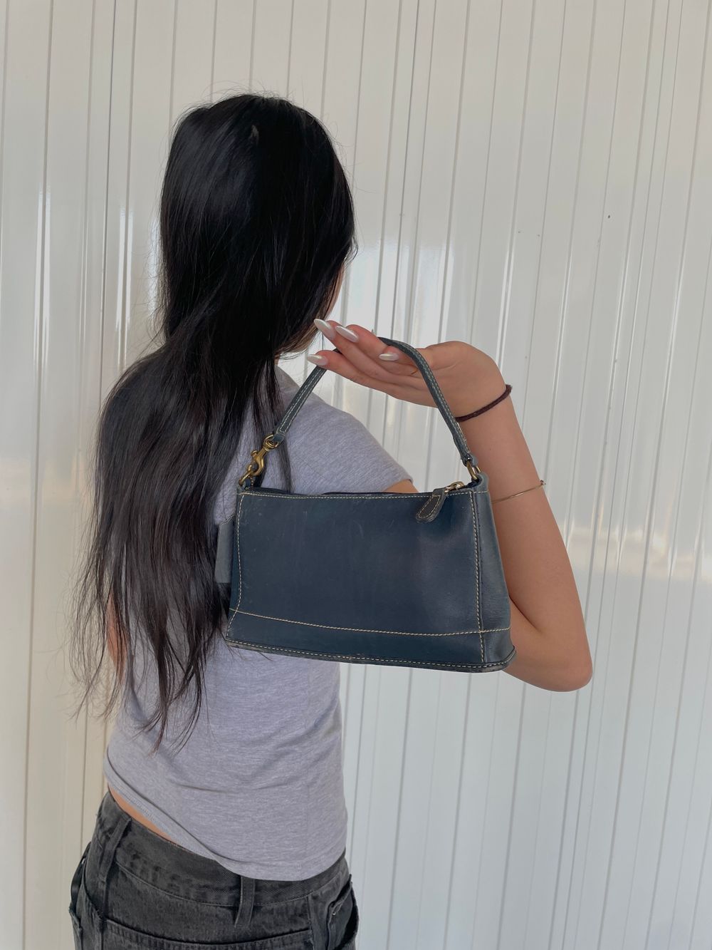 Vintage Y2k Navy Blue Coach Leather Signature Bleeker Pochette Shoulder Bag
