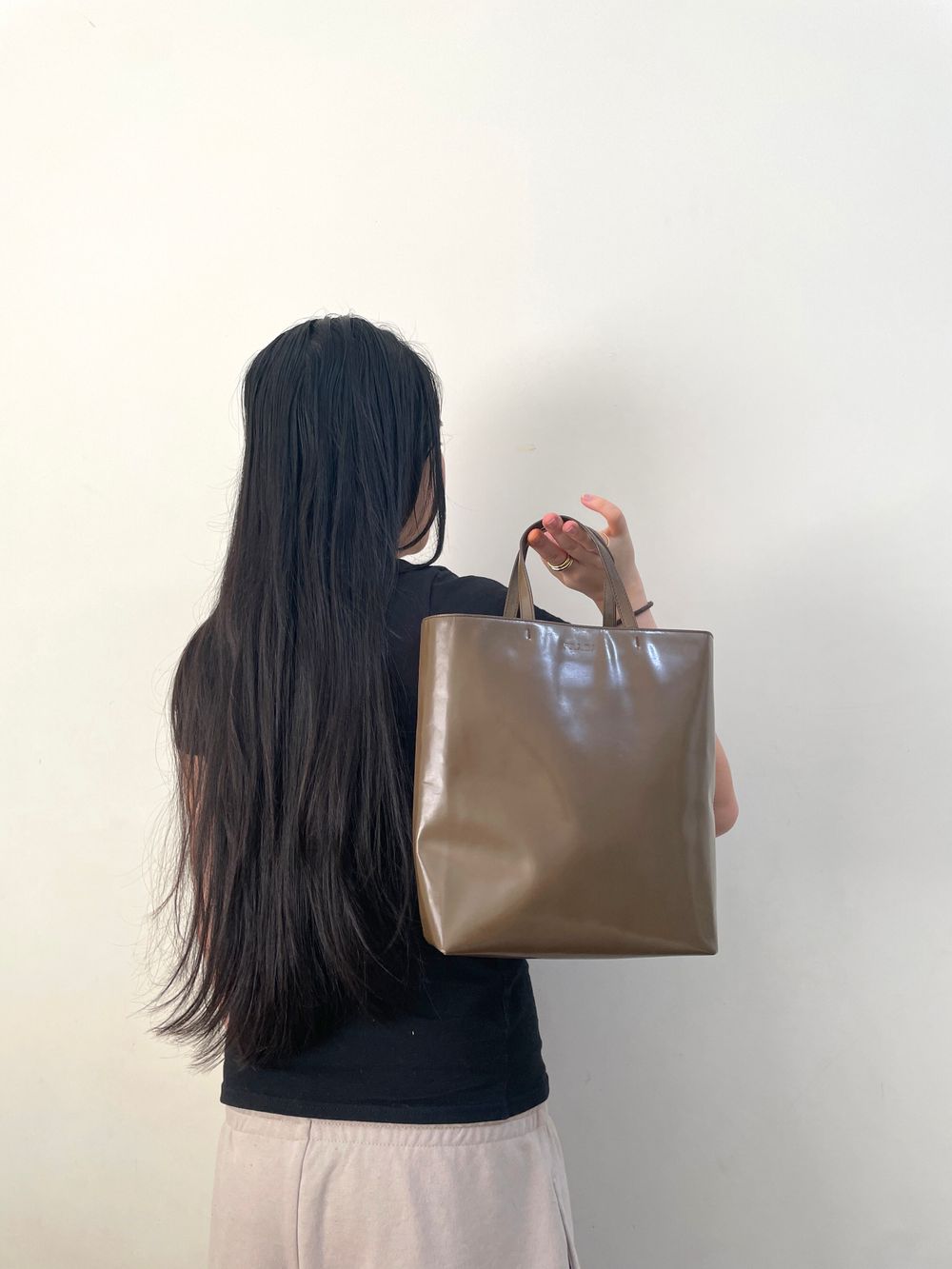 Vintage 1998 Prada Tan Brown Small Patent Leather Tote Bag