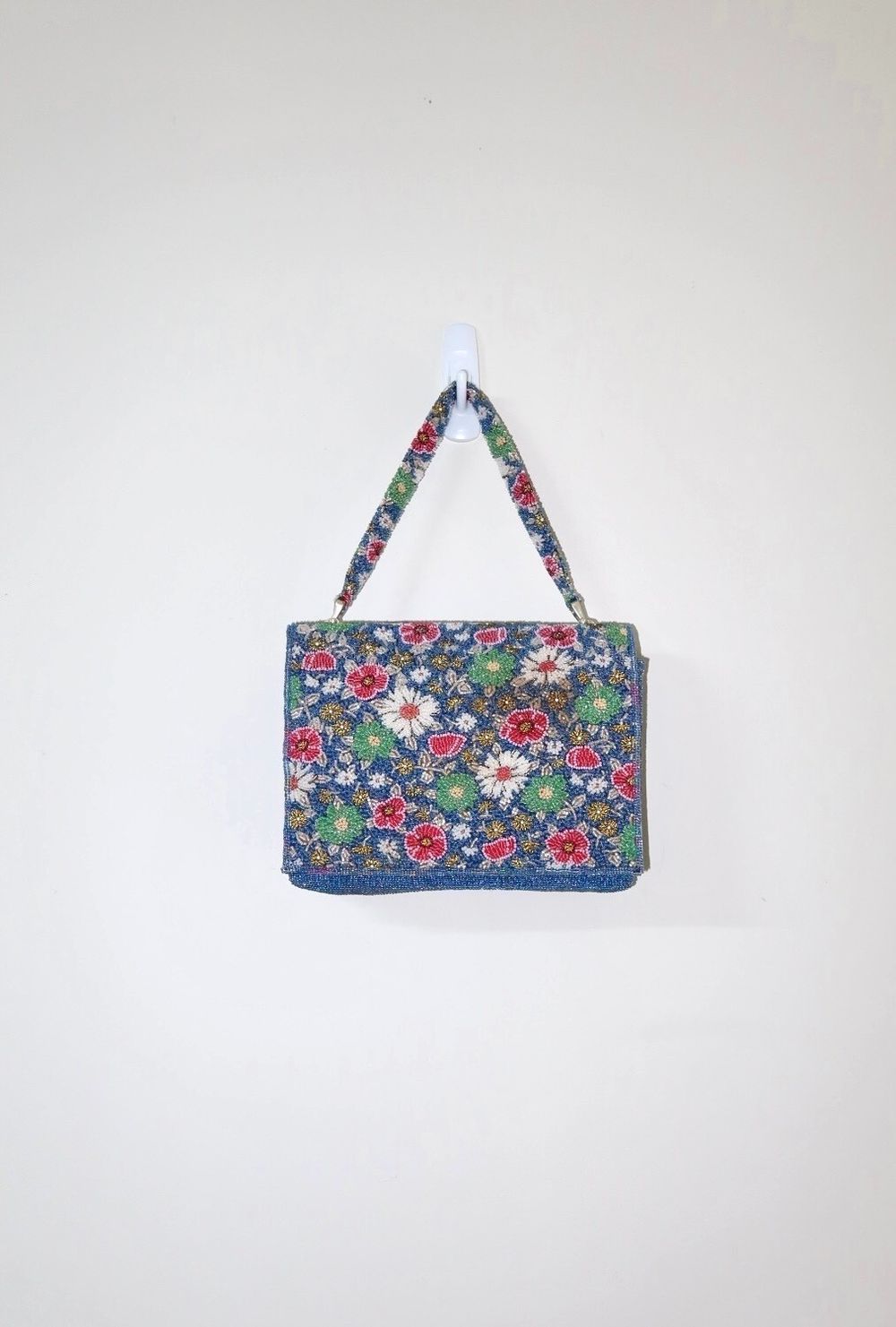 Vintage Blue Floral Beaded Embroidery Shoulder Bag