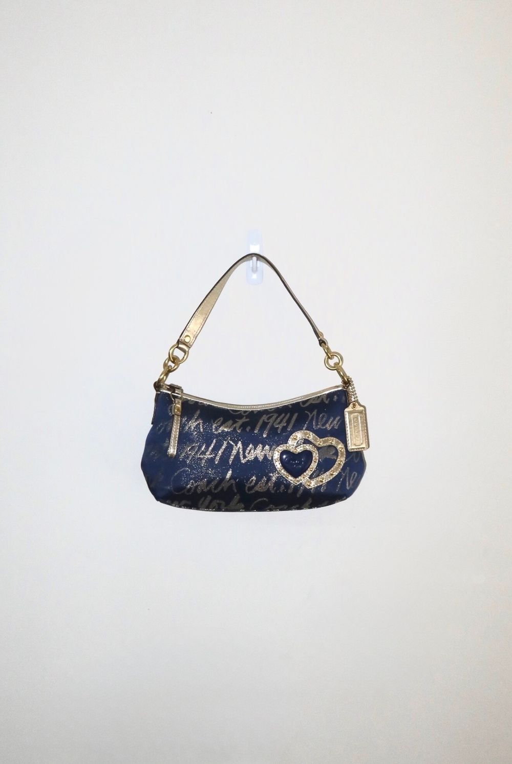 Navy / Gold 2011 Coach Signature All-Over-Script Heart Shoulder Bag