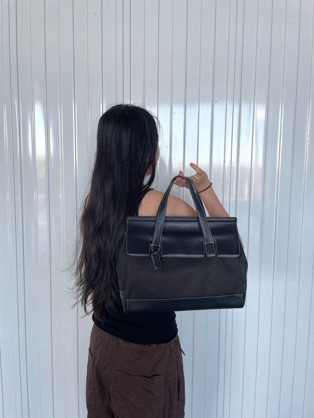 Black Coach Signature Fabric Leather Work Shoulder Bag