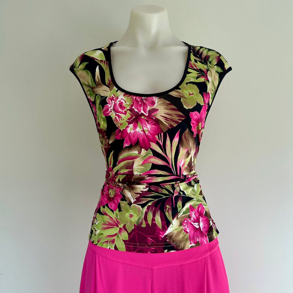 Y2K Vintage Tropical Floral Scoop Neck Top, Made in NZ