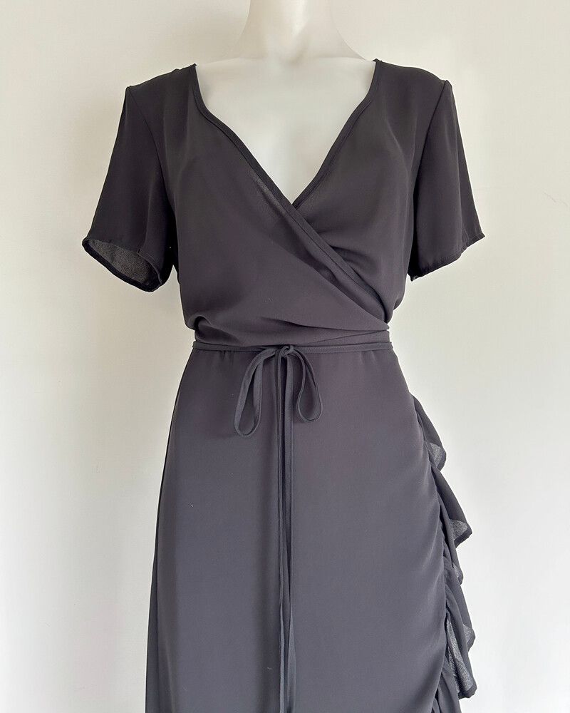 Hansen & Gretel Black Wrap Dress with Frill Trim