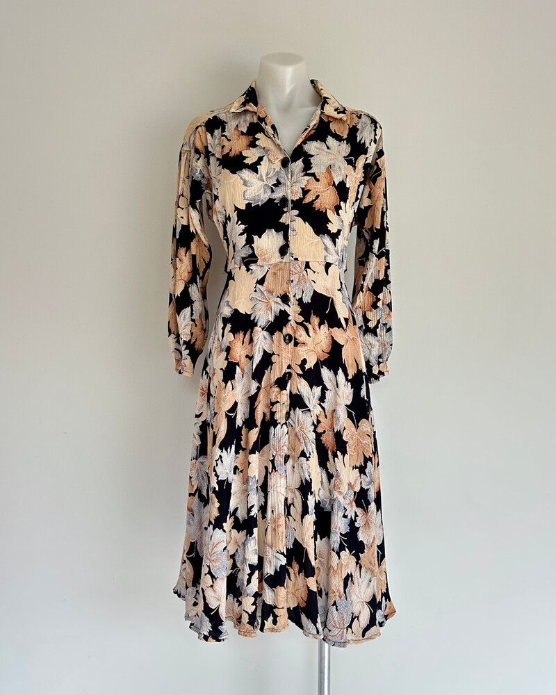 Rare Narnia 1970s Vintage Autumn Leaves Crinkle Texture Dress