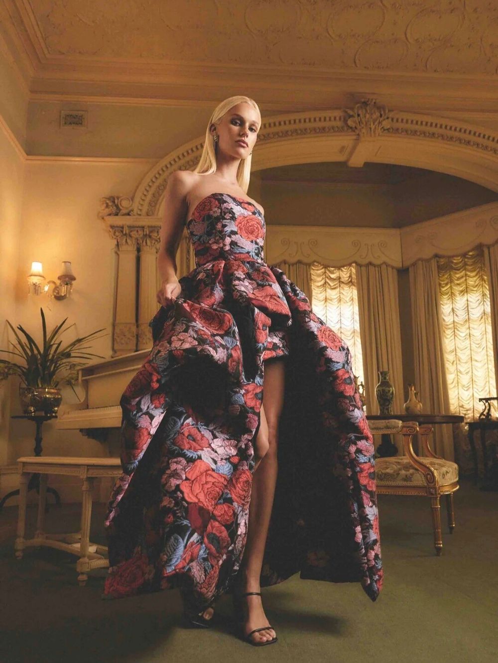 Delphine Strapless Gown in Pink & Black Floral
