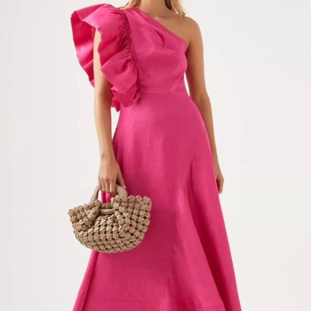 aje bonjour asymmetric midi dress $595 Aje Women's Pink Bonjour Asymmetric Frill Midi Dress Size 10