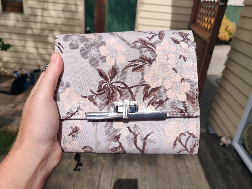 Lilac floral clutch bag silver chain
