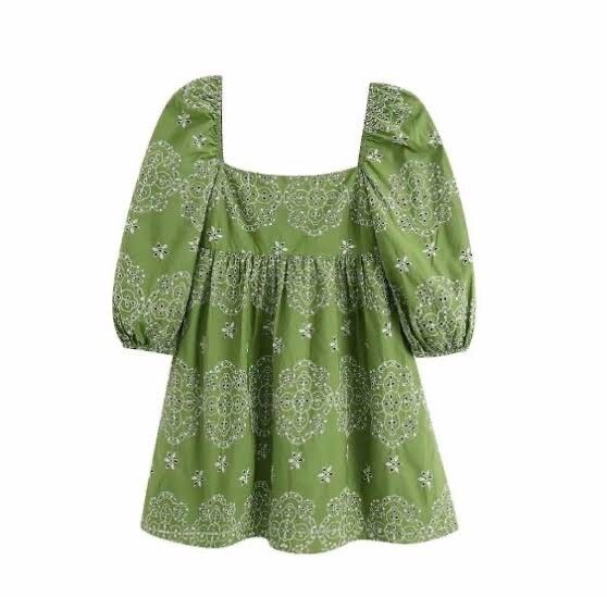 Zara - Green embroided puff sleeve dress on Designer Wardrobe