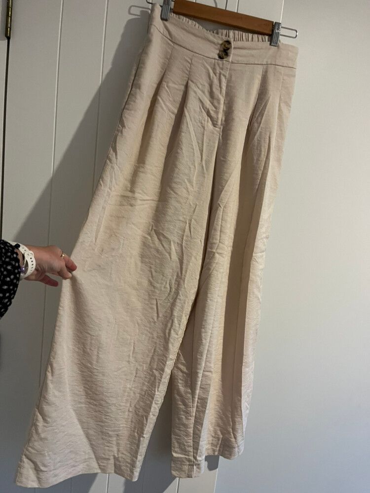 Beige Linen Blend Wide Leg Pants