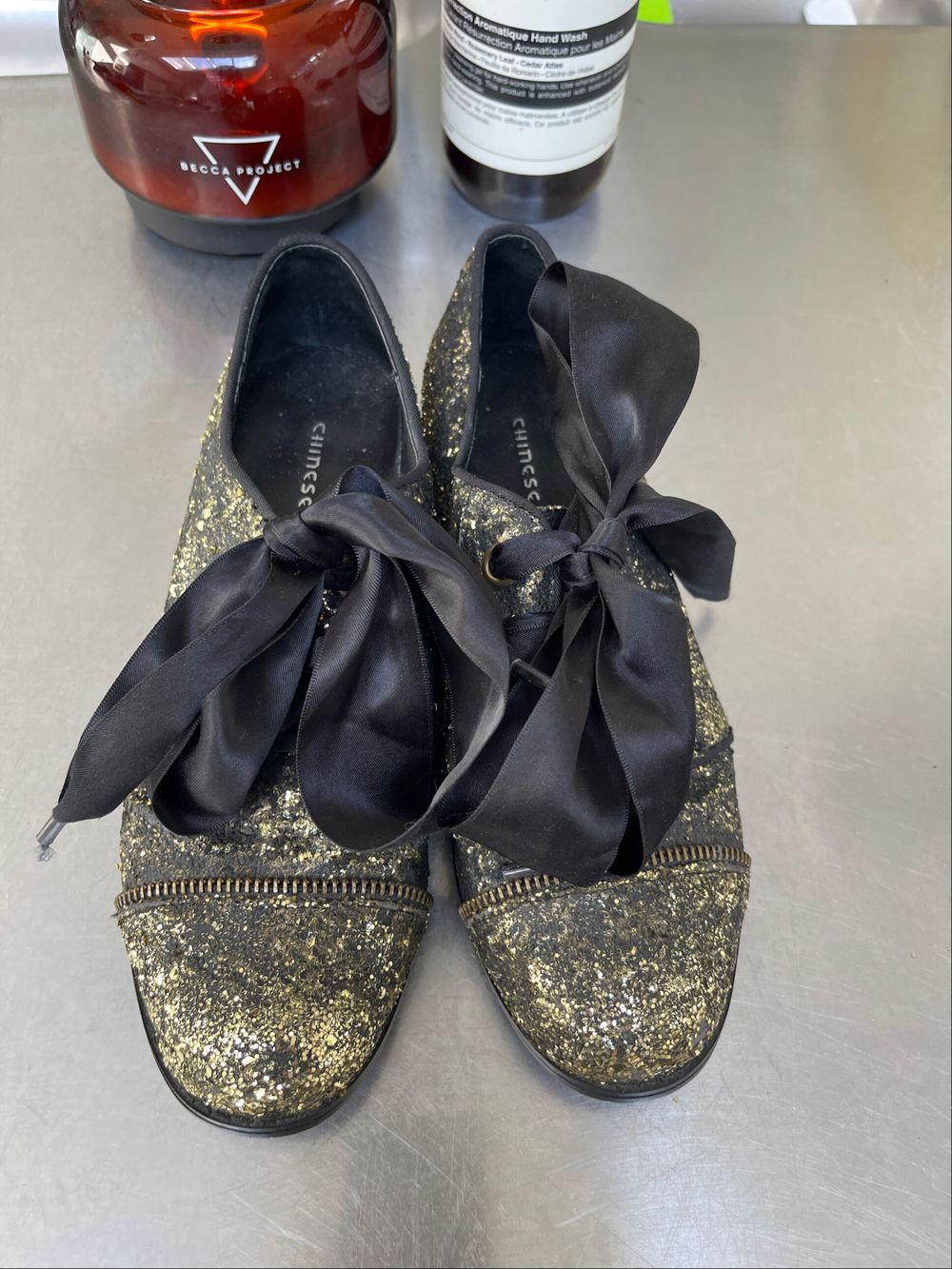 Gold And Black Glitter Shoes With Black Satin Laces