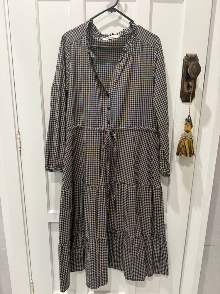 Boho Beige Navy Midi Gingham Dress