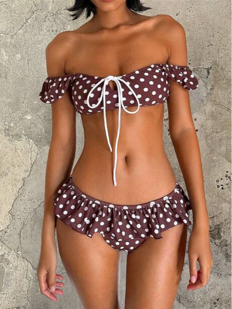 cheeky ruffle off the shoulder poka dot bikini