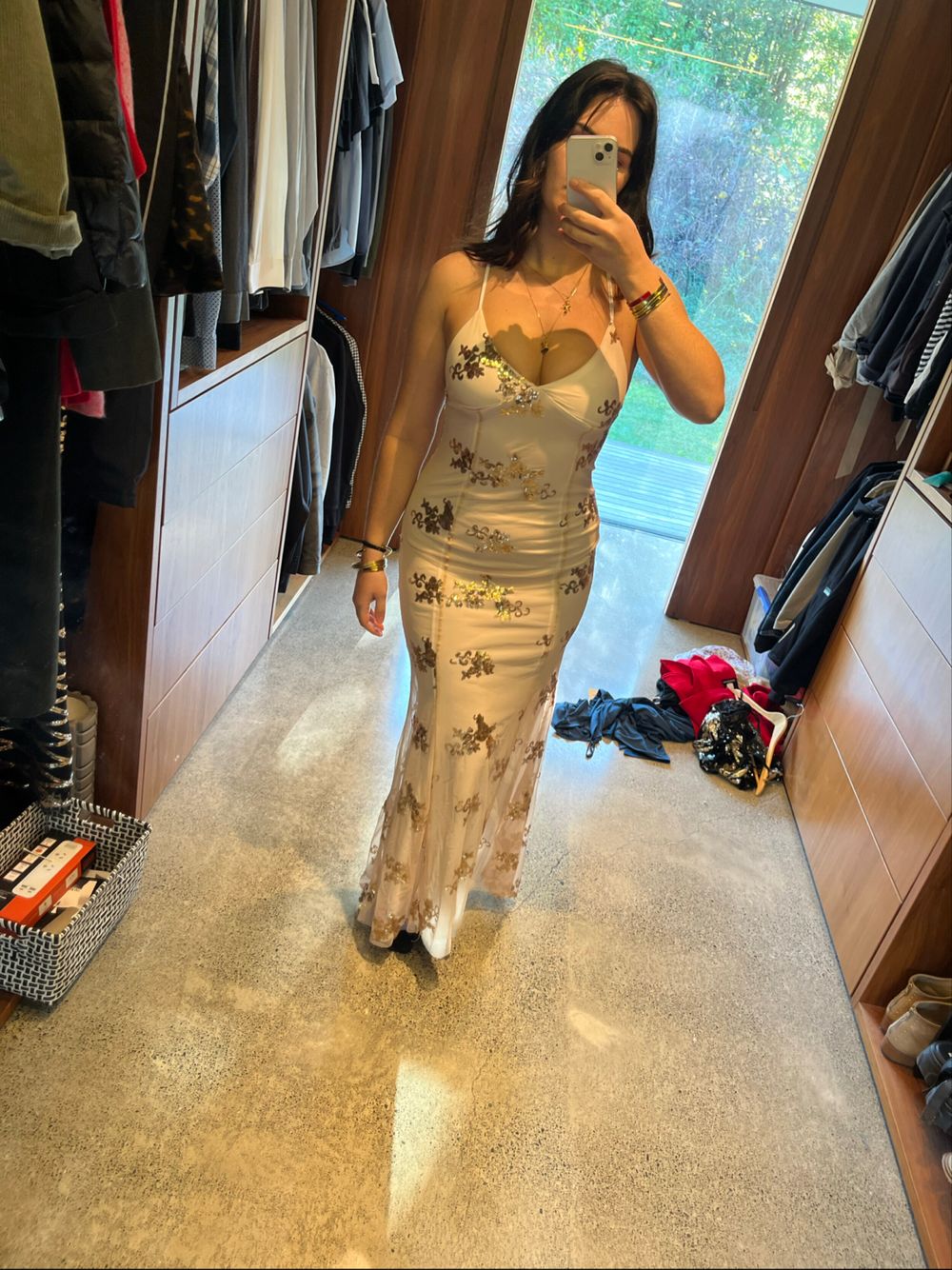 White Maxi Dress With Gold Embroidery