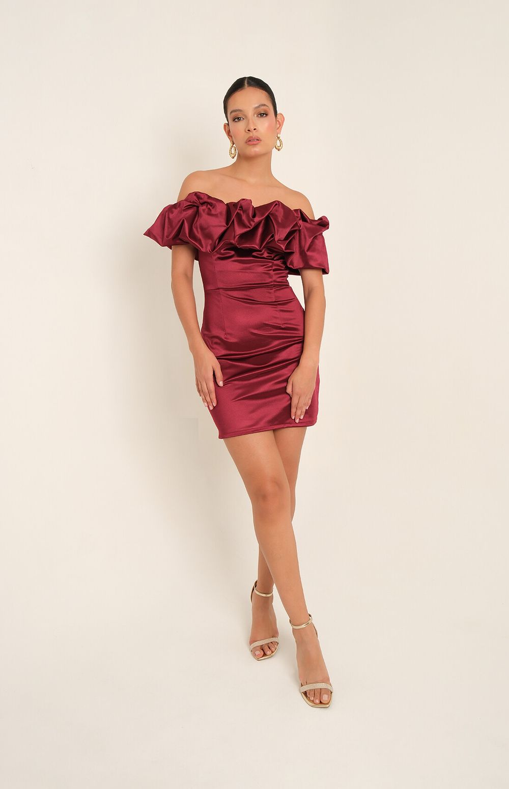 Meshki Red Satin Off-Shoulder Mini Dress