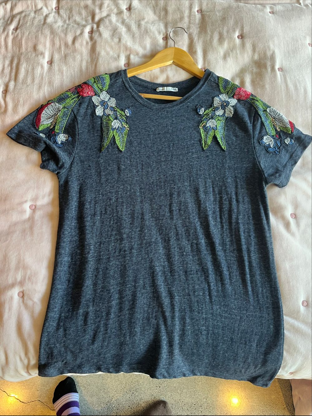 Zara blue denim colour  Embroidered Floral T-Shirt