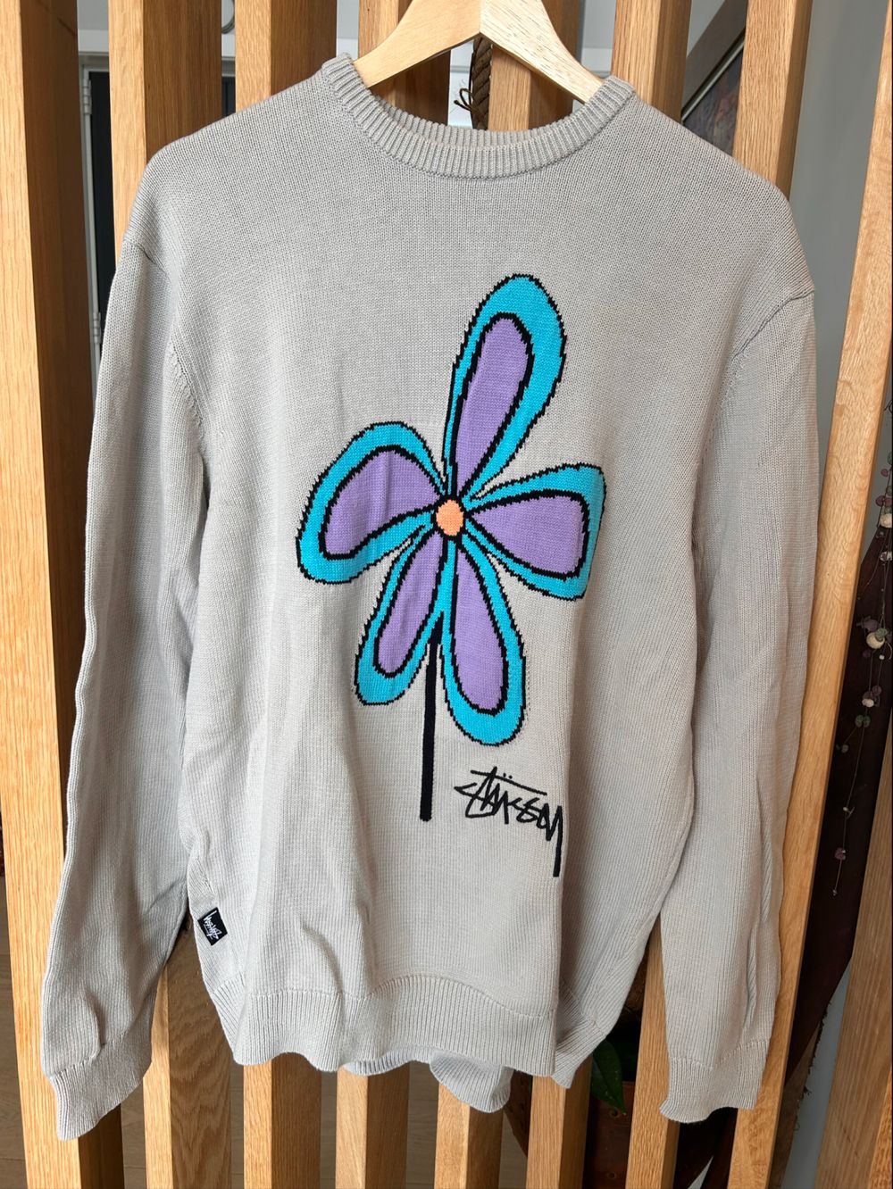 Stussy Grey Flower Graphic Knit Jumper