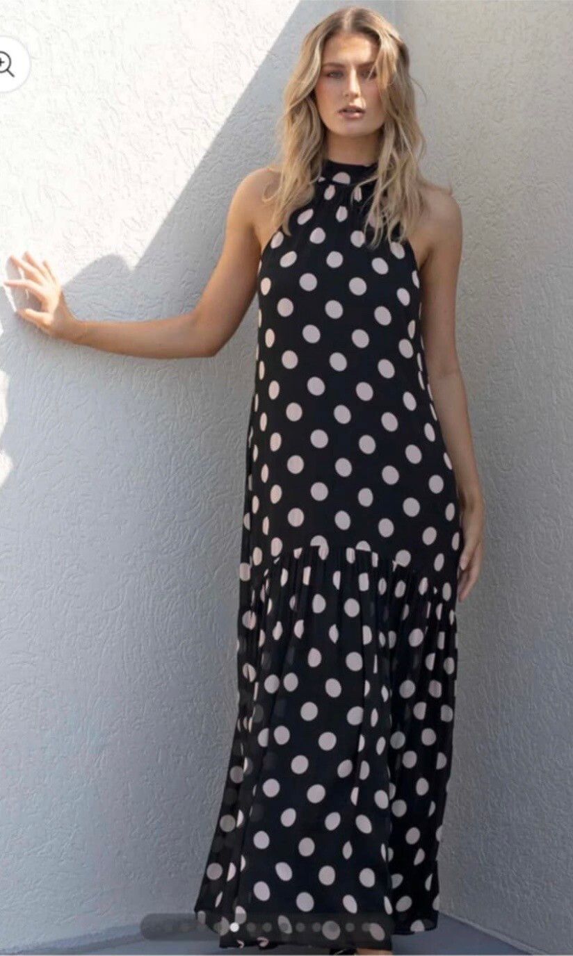 Three Of Something Black Polka Dot Halter Maxi Dress