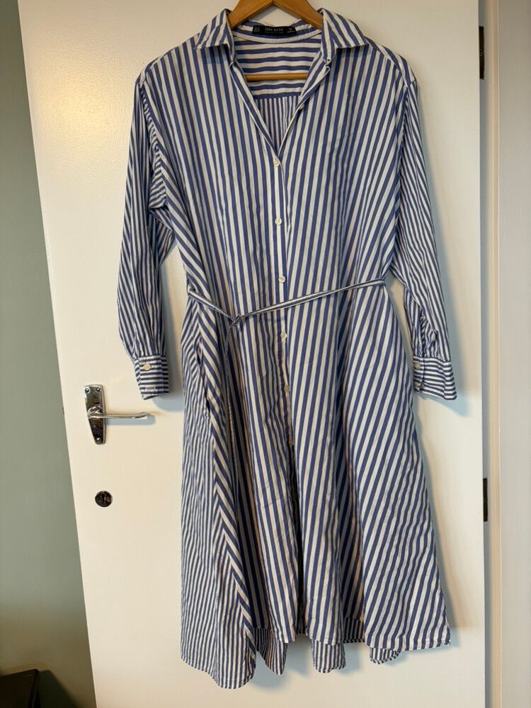 blue striped shirt dress zara Zara ZW Collection Long Poplin Shirt Dress Blue Striped Size S M 2640/596 New