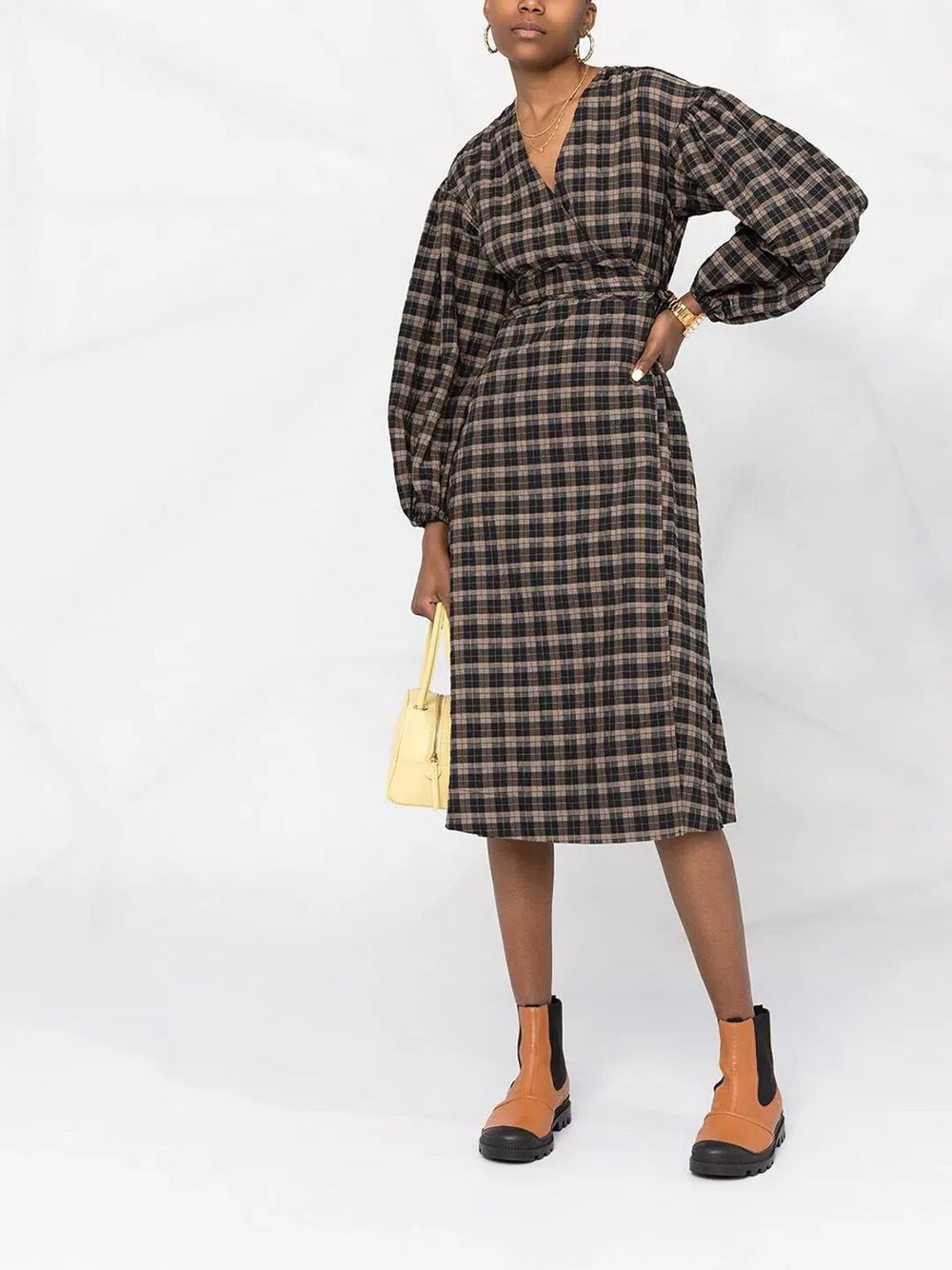 GANNI Black and Beige Plaid Midi Dress