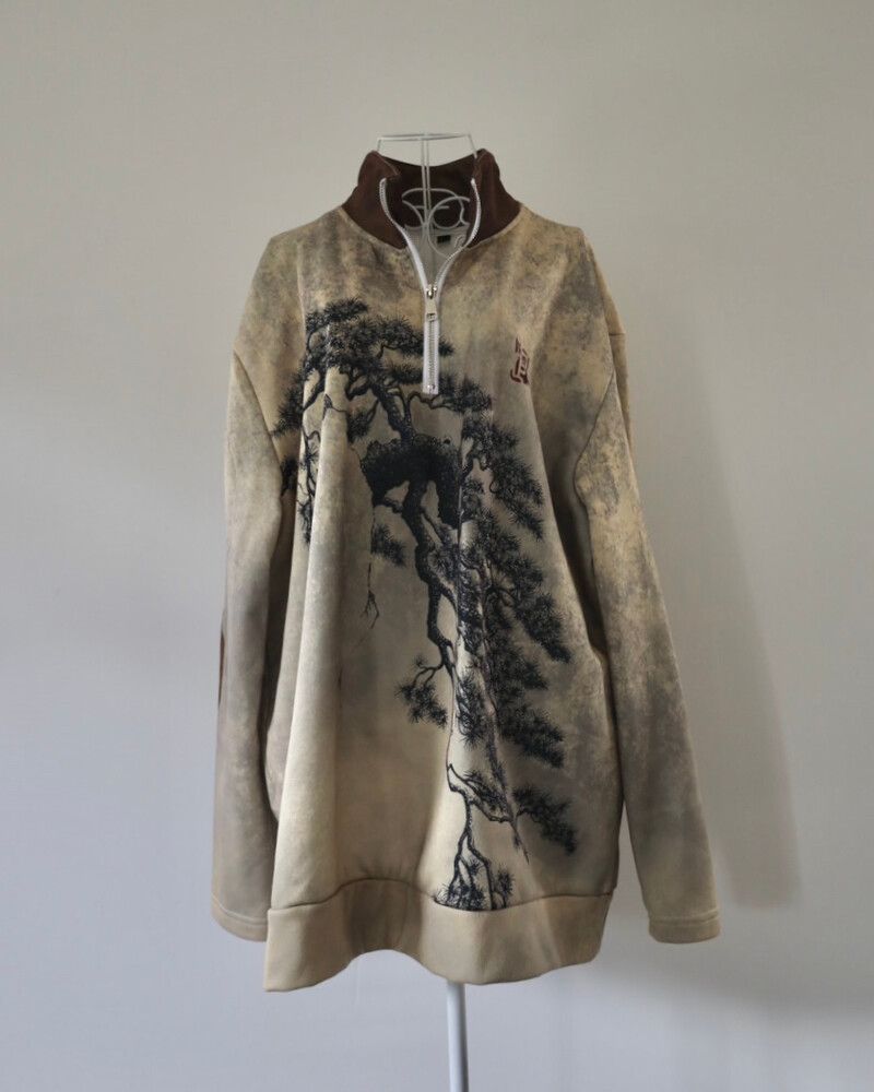 Washed Quarter Zip Fleece Sweatshirt – Japanese Tree Print