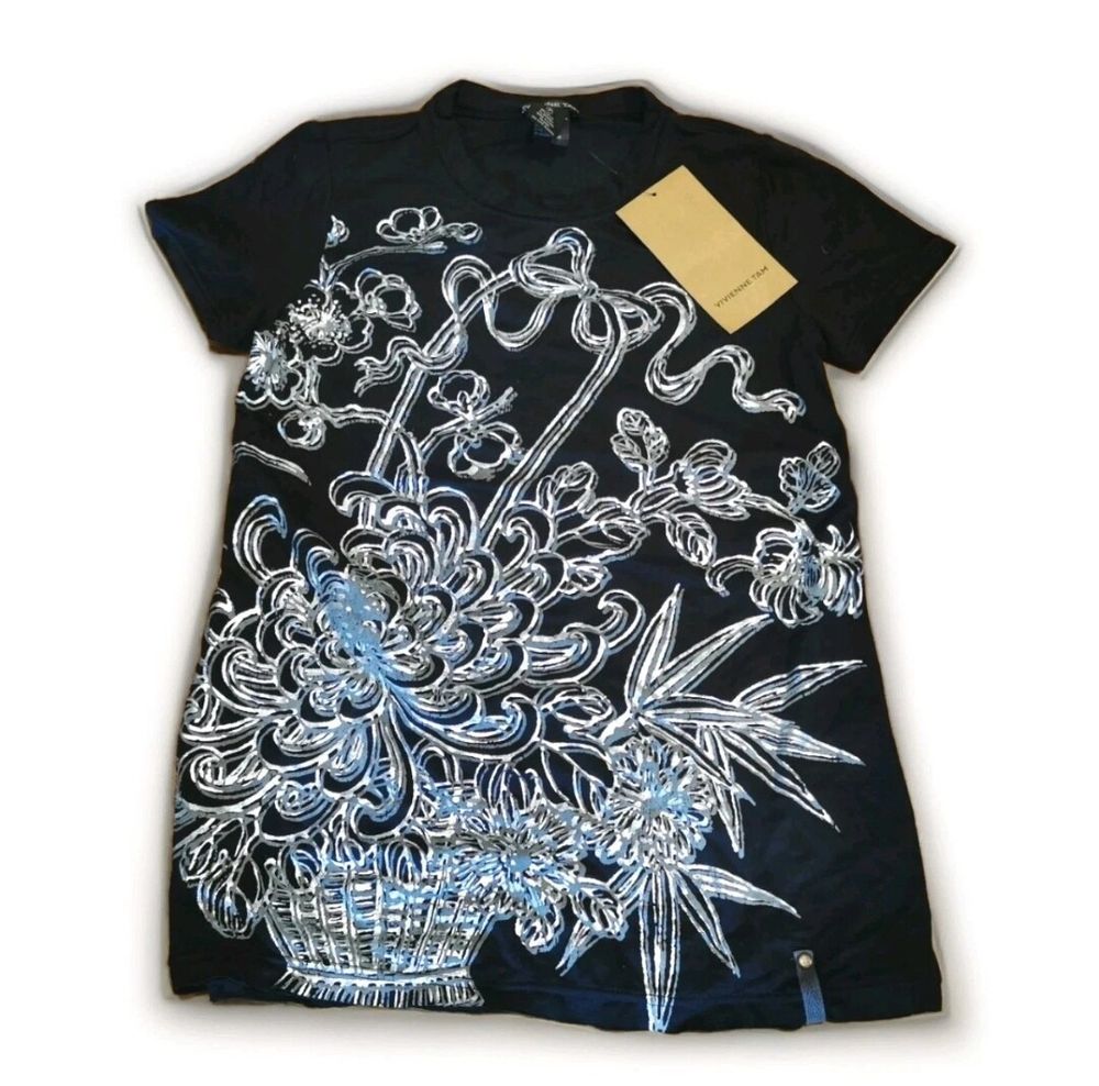 BNWT Vivienne Tam Women Black Rayon & Spandex T-shirt - Size P - Made in China