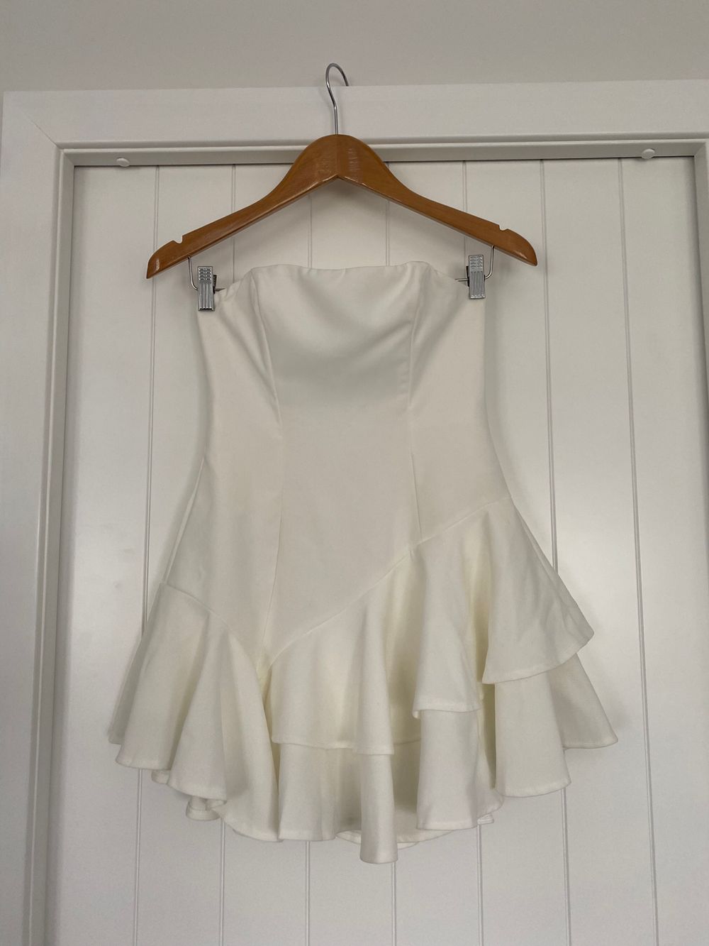 Saints + Secrets - White ruffle mini Strapless Dress on Designer Wardrobe