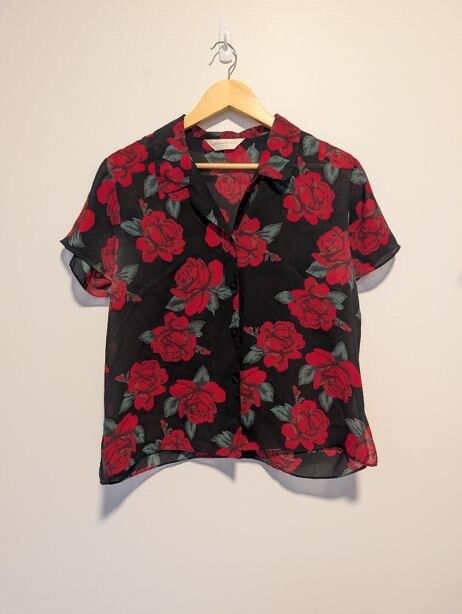 Vintage Y2K cyber grunge rose sheer short sleeve button up biker punk rock cherry floral flower power goth club rave festival