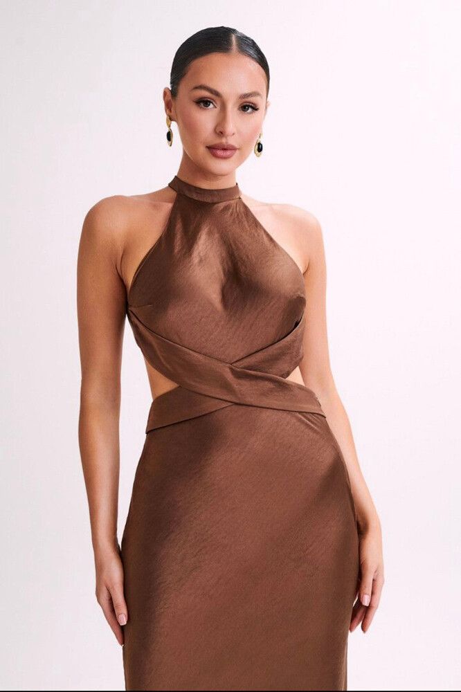 Meshki - Nalani Satin Halter Maxi Dress - Chocolate on Designer Wardrobe