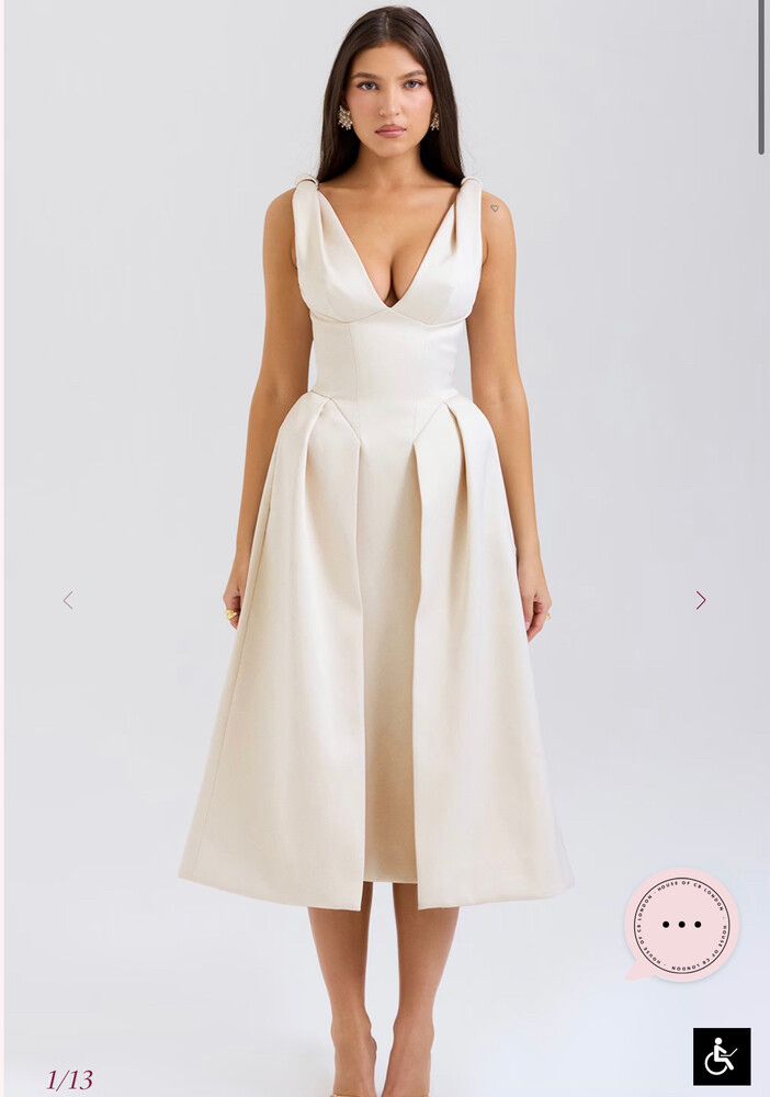 House of CB Vintage Cream Satin Pleated Midi Dress