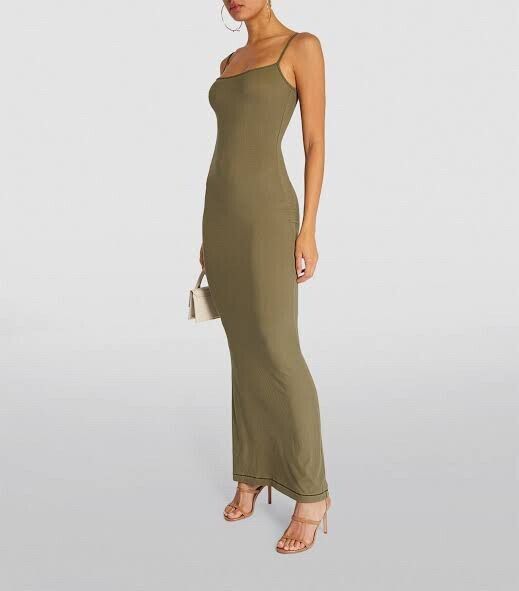 Skims soft lounge LONG SLIP DRESS Khaki Military Green S