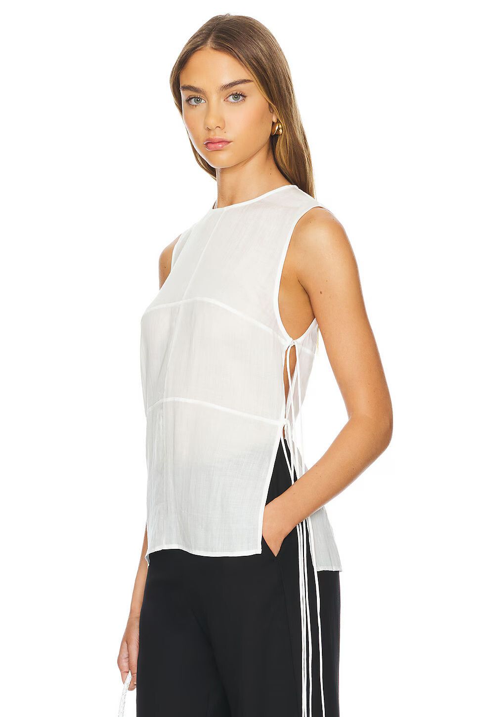 Semi Sheer sleeveless Patchwork tie Top - Salt