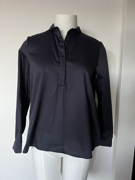 Long Sleeve Navy Blue Cotton Shirt With Unique Folded Collar