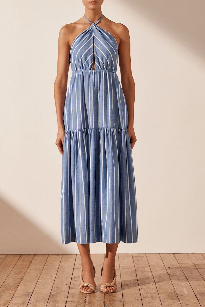 Shona Joy - SHONA JOY Kimberly Crossover Halter Tiered Midi Dress - Chambray/Blue on Designer Wardrobe Shona Joy - SHONA JOY Kimberly Crossover Halter Tiered Midi Dress - Chambray/Blue on Designer Wardrobe