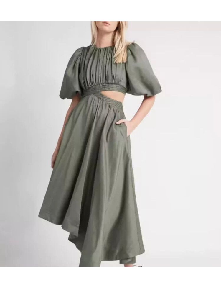 Aje Tidal Tucked Midi Dress - Oak Moss. Size 8