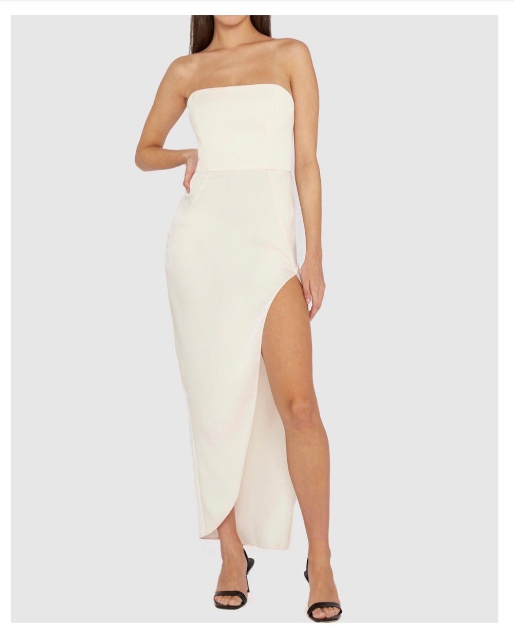 By Johnny. Crème Strapless Lotus Satin Midi Dress