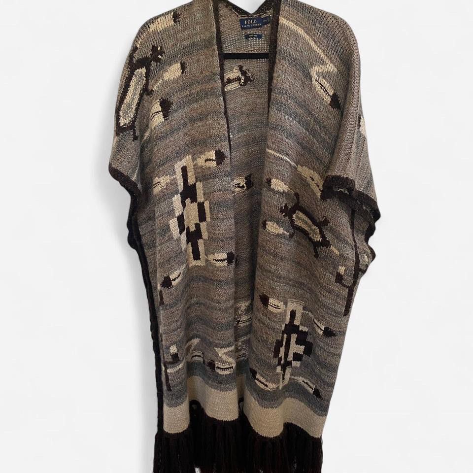 Ralph Lauren  Hand knit Sweater Open Tribal Shawl Wrap Wool Blend Cape