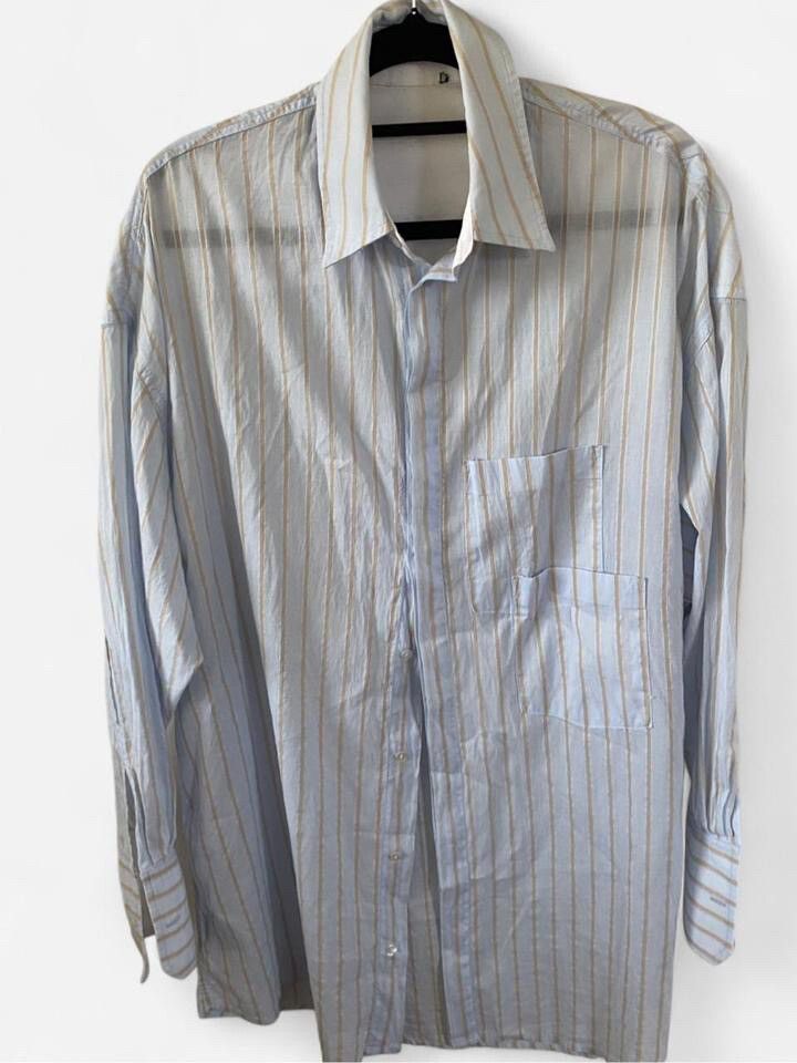 Bassike light blue and beige/tan striped organic cotton shirt